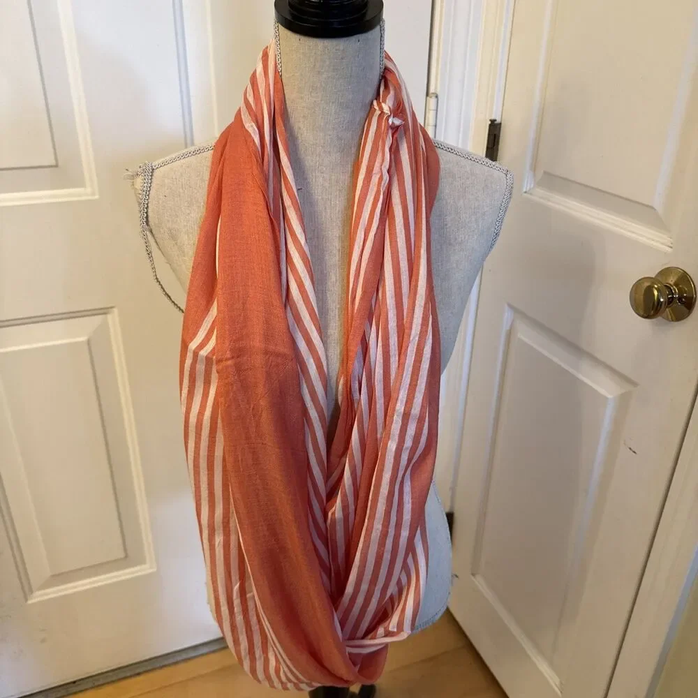 ORANGE & WHITE STRIPED Look Silk And Cotton Blend Infinity Scarf